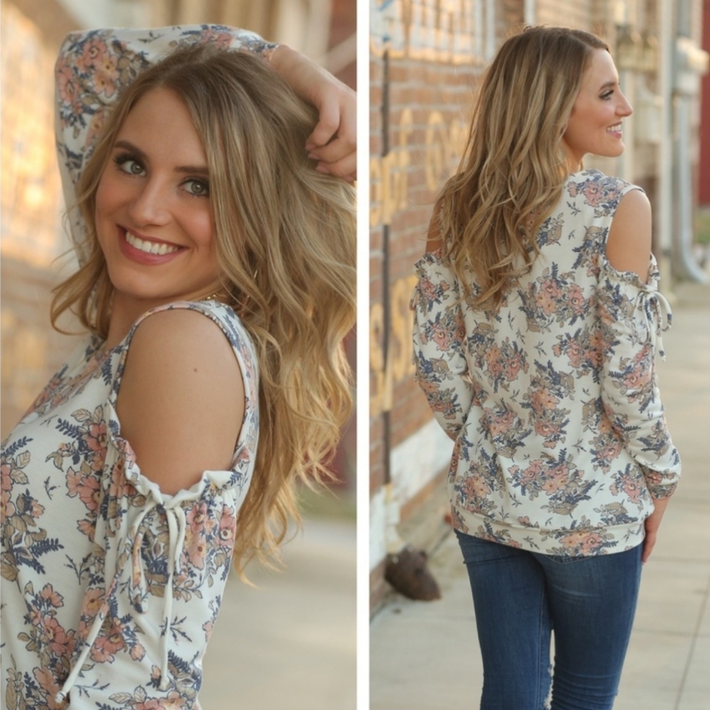Floral cold shoulder tie sleeve top